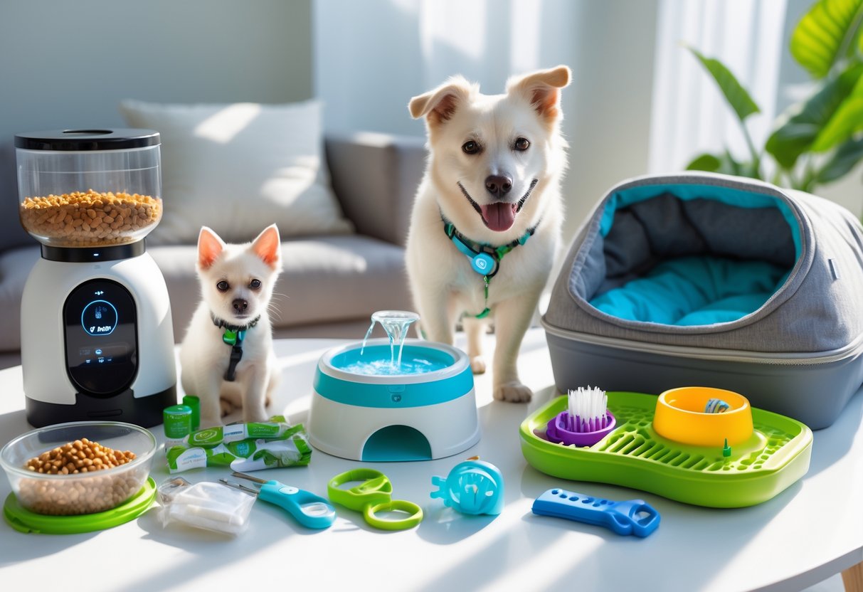 A collection of various pet products including an automatic feeder, smart collar, pet bed, interactive toy, water fountain, carrier, grooming kit, waste bags, pet camera, and harness arranged on a white surface.