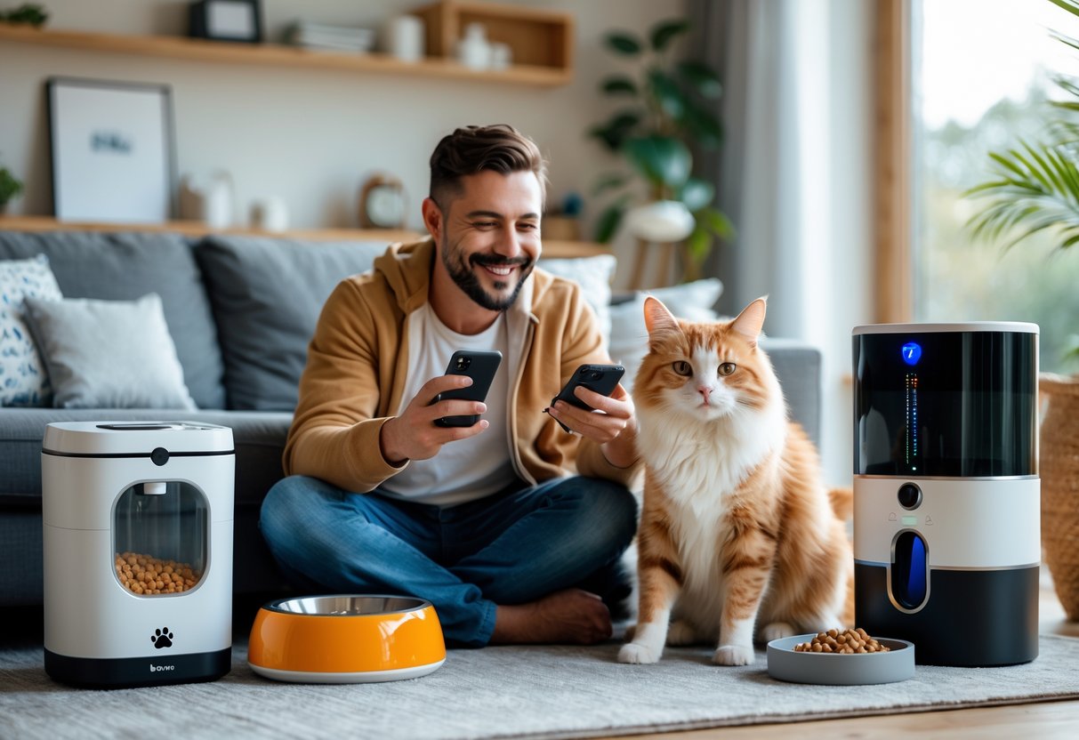 A person happily interacting with their dog and cat in a living room filled with various modern pet products.