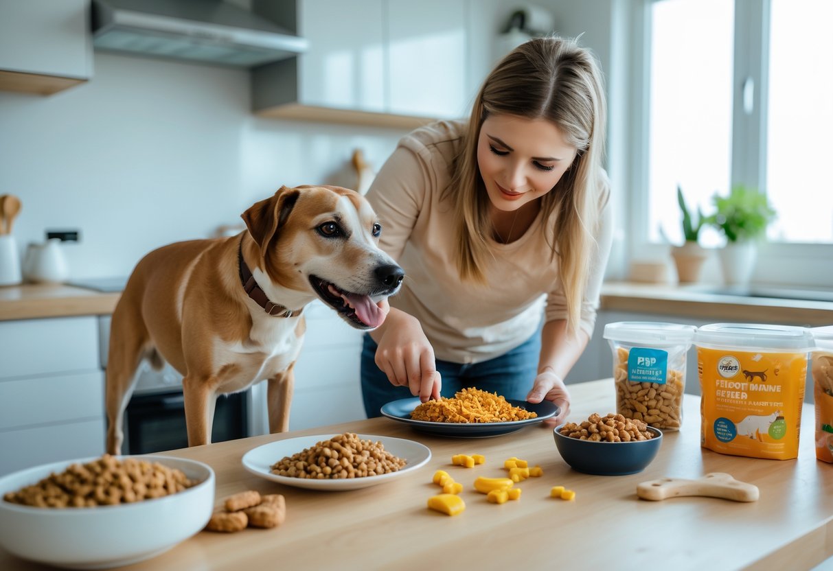 A pet owner feeding their dog unhealthy food in a kitchen, with scattered pet food and treats nearby.