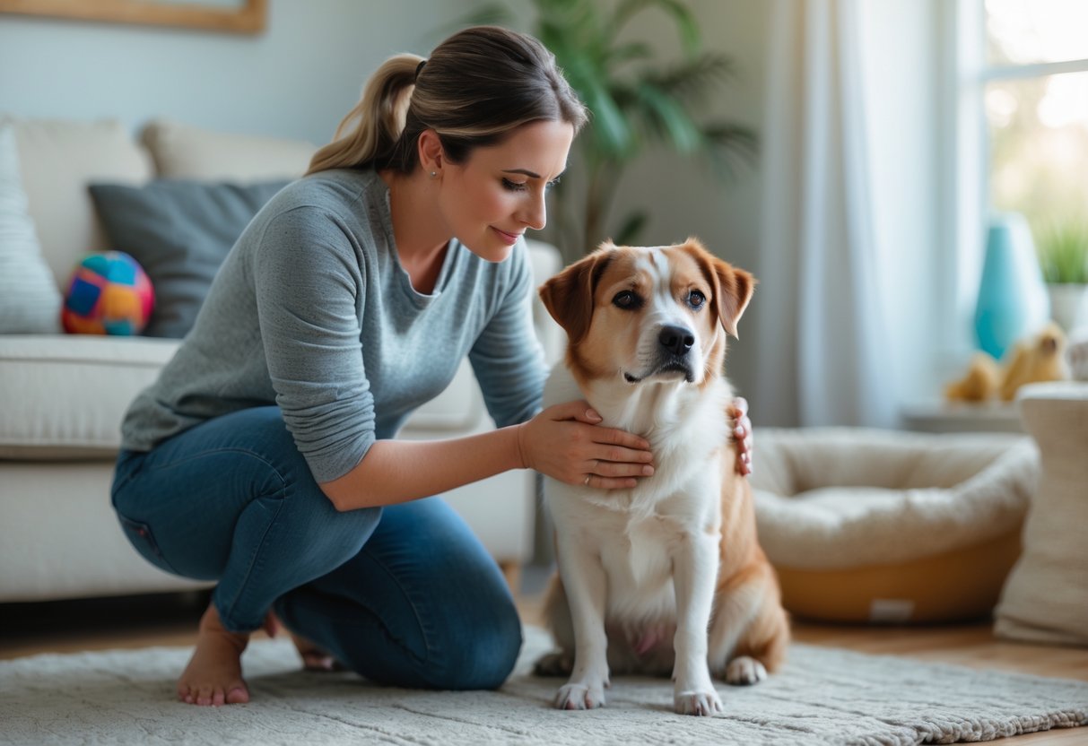 A pet owner gently comforting a slightly anxious dog in a cozy living room.