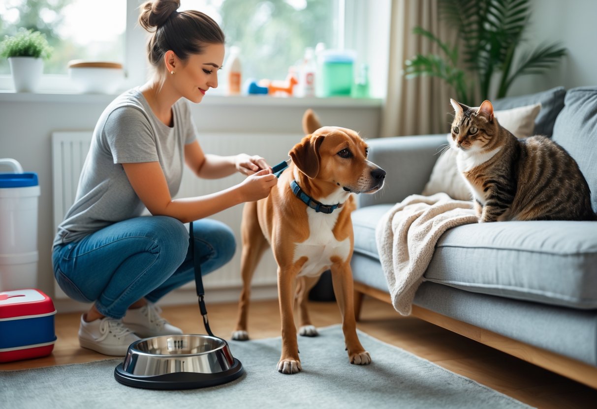 A person gently checking a dog's collar indoors while a cat sits on a couch nearby in a clean, well-lit room with pet care items visible.