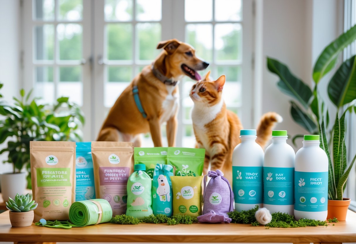 A happy dog and cat playing near eco-friendly pet products arranged on a wooden table with green plants in a sunlit room.