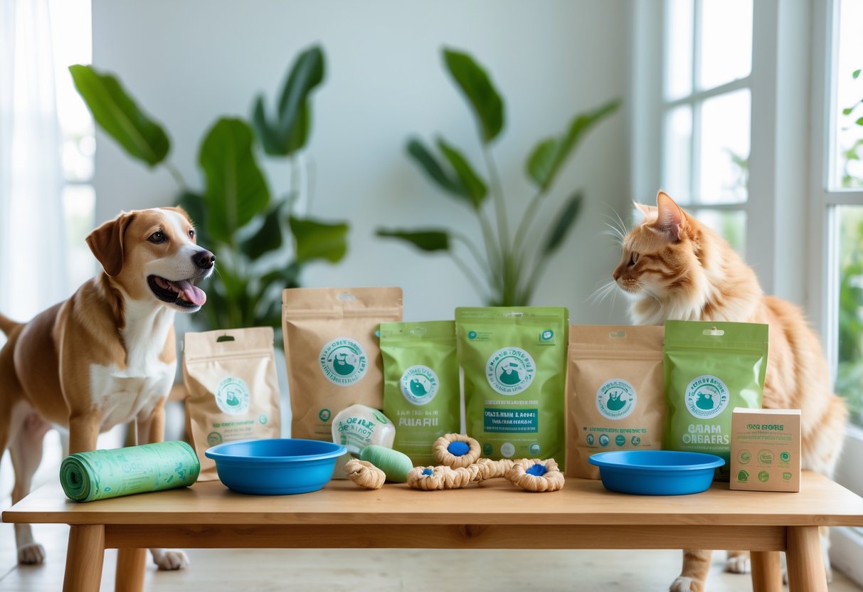 A dog and cat playing near eco-friendly pet products displayed on a wooden table with green plants in the background.
