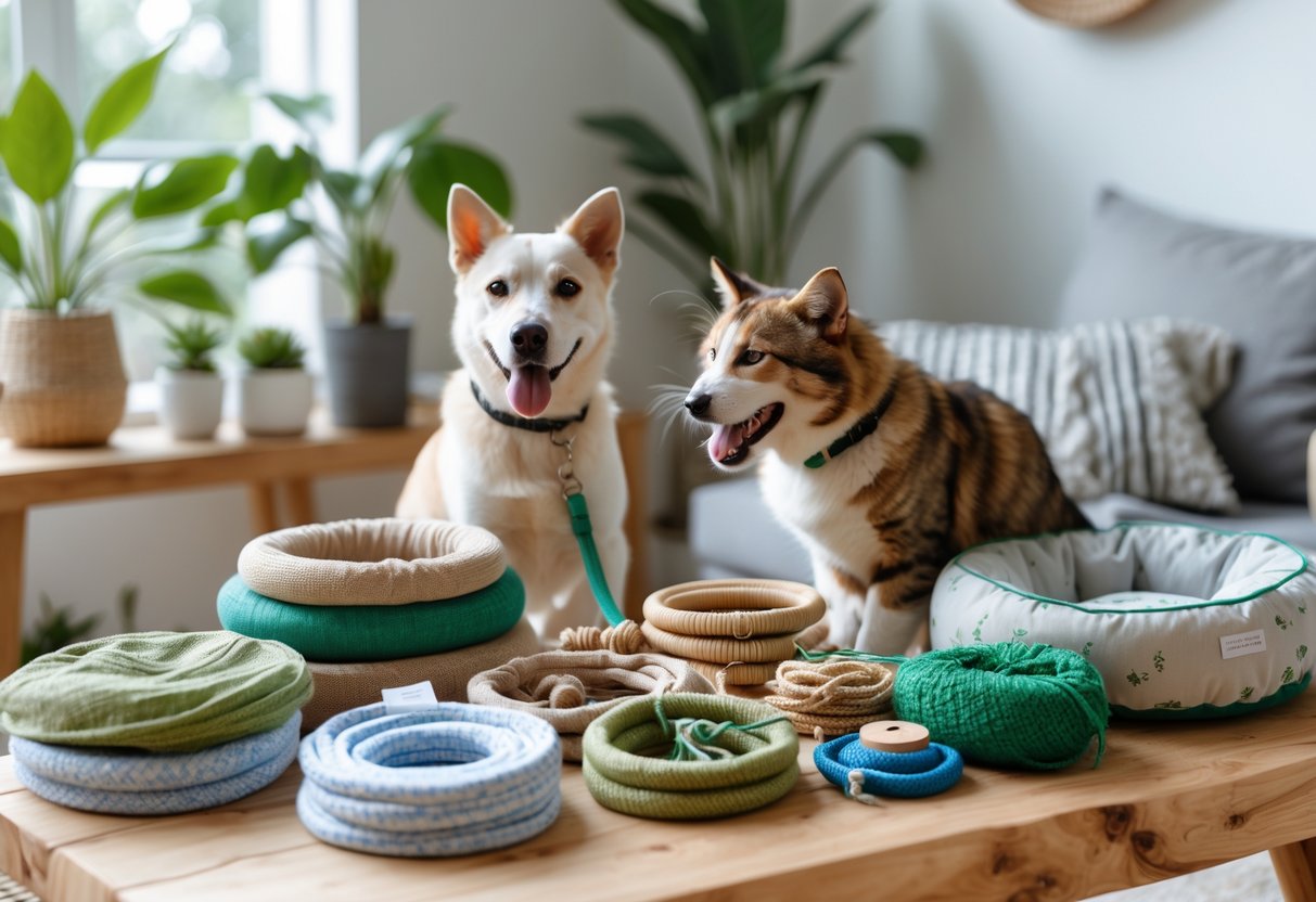 A dog and cat with eco-friendly pet accessories on a wooden table, surrounded by green plants in a cozy home.