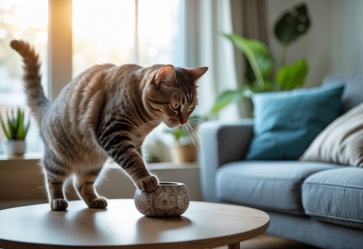 A domestic cat gently pawing at a small object on a coffee table in a cozy living room.