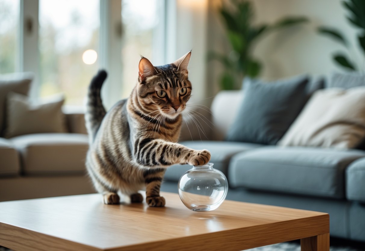 A tabby cat knocking a small glass vase off a wooden coffee table in a bright living room.