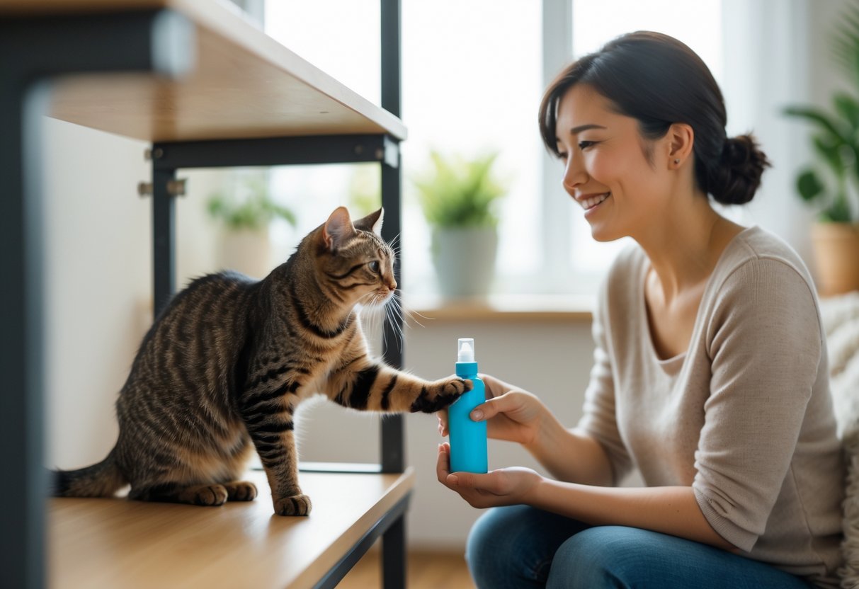 A cat gently touching a stable shelf in a cozy living room while an adult watches calmly.