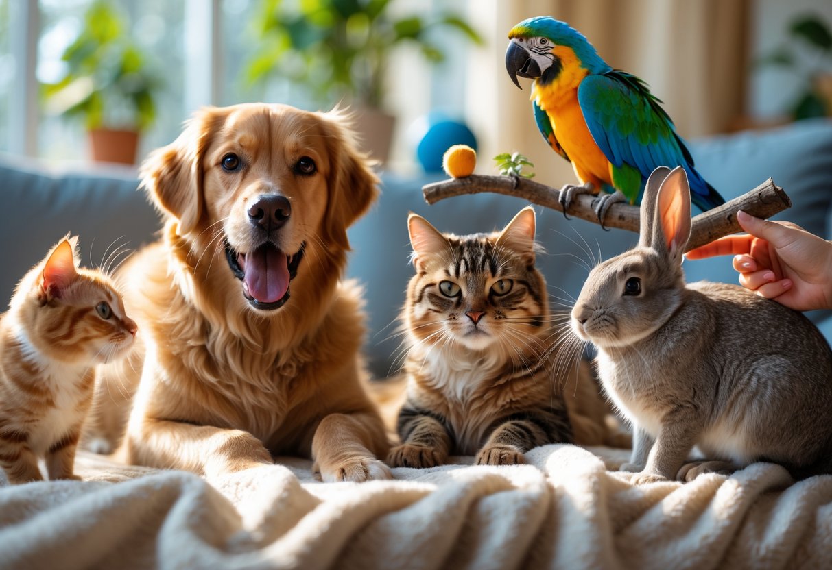 A golden retriever puppy, tabby cat, colorful parrot, and rabbit together in a sunlit living room with a person gently petting them.