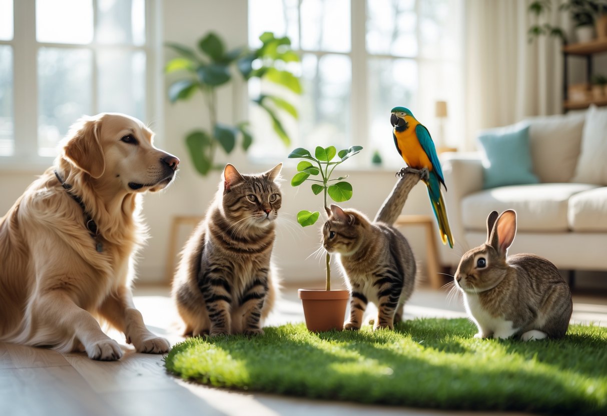 A golden retriever, tabby cat, parrot, and rabbit together in a bright living room, showing calm and playful interactions.
