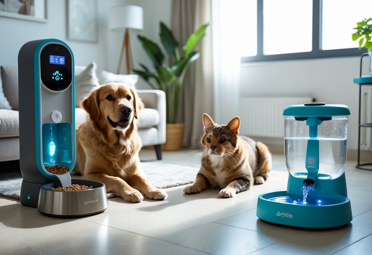 A golden retriever near an automatic feeder, a tabby cat playing with a light-up toy, and a French bulldog resting by a water fountain in a bright living room with pet gadgets.