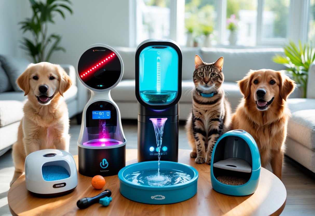 A variety of innovative pet gadgets displayed on a table with a puppy, a cat, and a parrot nearby in a bright living room.
