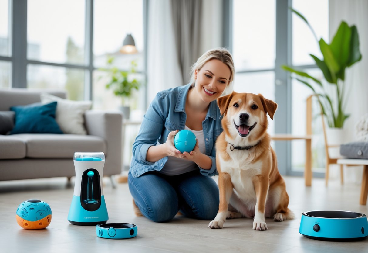 A dog owner playing with their excited dog using a modern pet gadget in a bright living room filled with other pet devices.