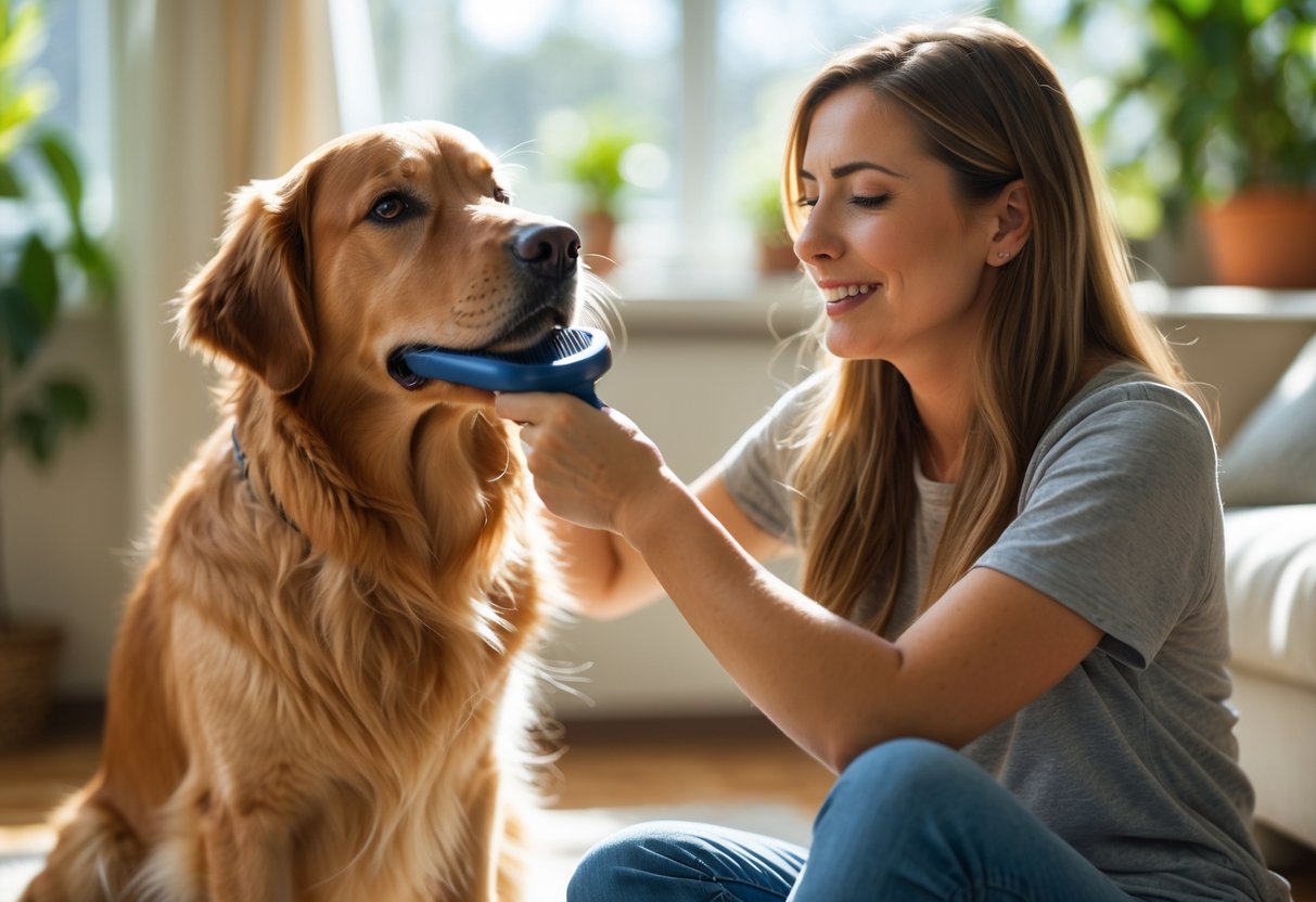 A woman gently brushing her golden retriever's fur in a sunlit living room, both appearing calm and happy.