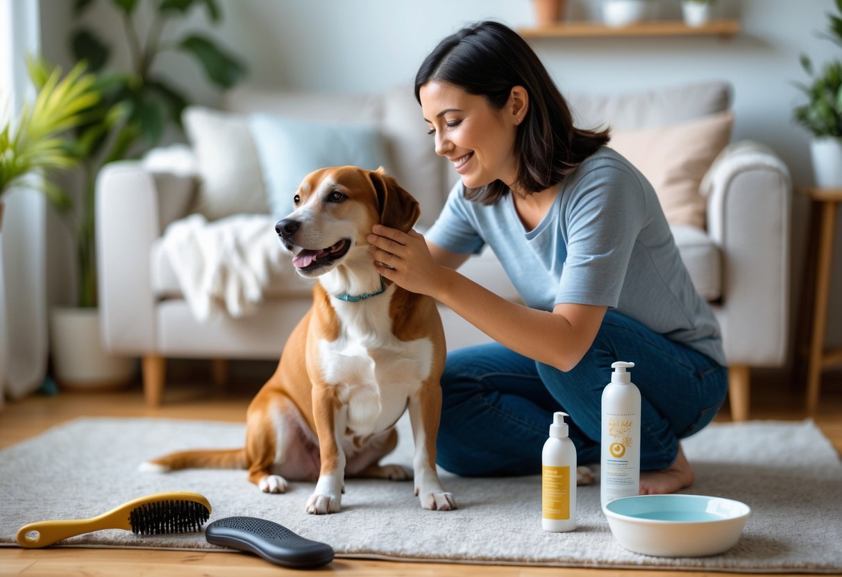 A person gently brushing a calm dog in a bright living room, creating a bonding moment during pet care.