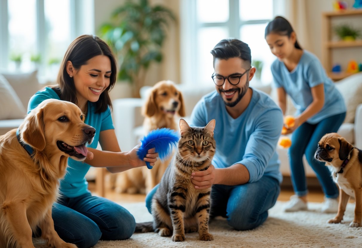 People engaging in various activities with their pets indoors, including brushing a dog, playing with a cat, and training a dog with treats.