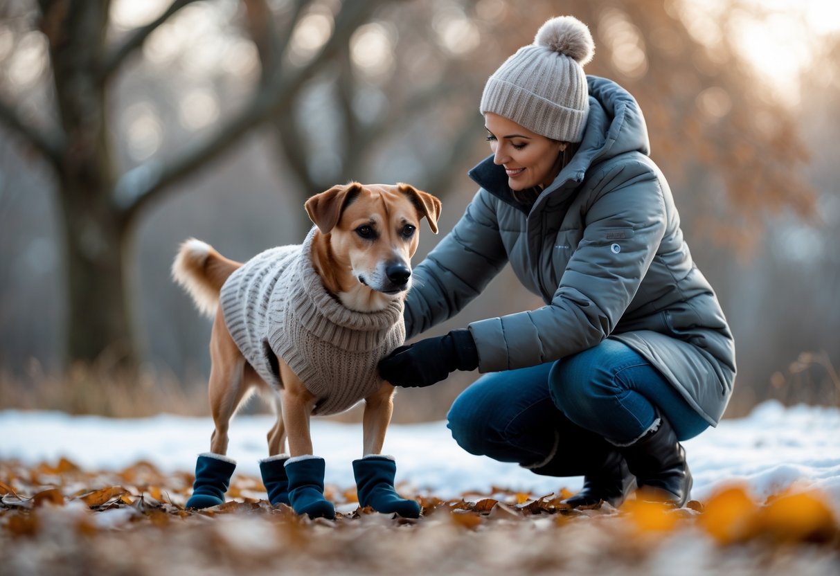 A person outdoors adjusting a warm sweater on their dog during late autumn or early winter.