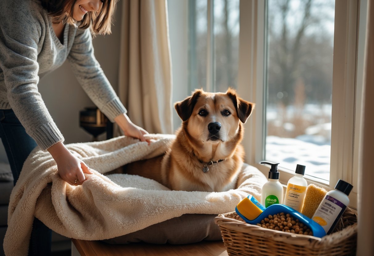 A person placing a blanket in a pet bed next to a dog with winter pet care items nearby and a snowy outdoor scene visible through a window.