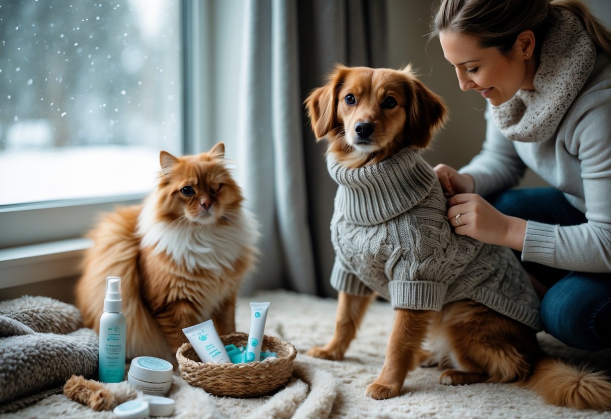 A person putting a warm sweater on a dog indoors while a cat sits nearby on a blanket with pet care items, with snow visible outside the window.