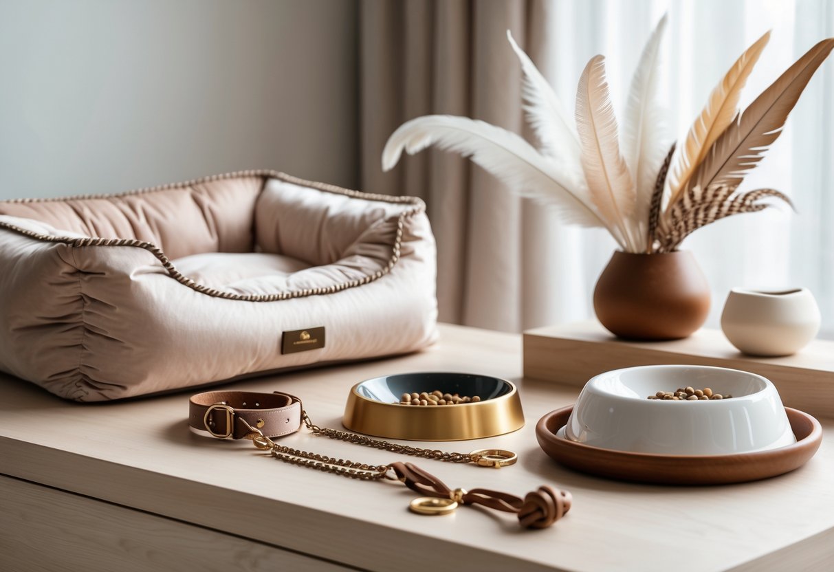 An arrangement of luxury pet items including a velvet pet bed, modern collar, ceramic feeding bowl, and premium toys on a wooden surface.