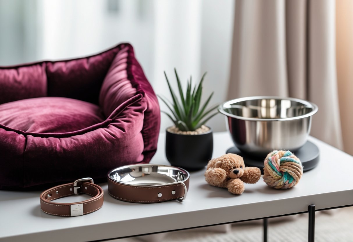 An elegant display of luxury pet items including a plush pet bed, stainless steel water bowl, leather collar, and natural material toys arranged on a clean surface.
