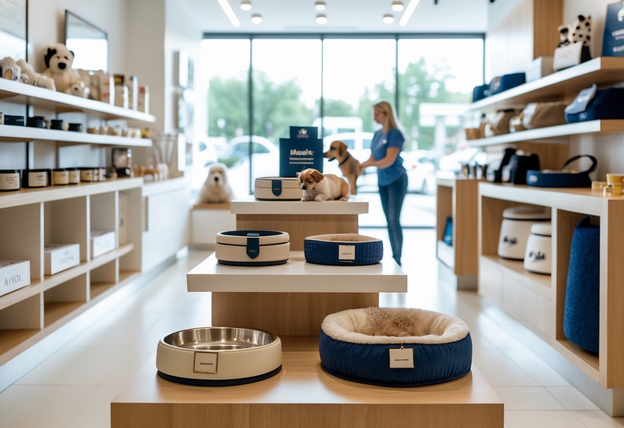 A retail store displaying luxury pet accessories like collars, beds, and toys with a customer and store associate interacting.