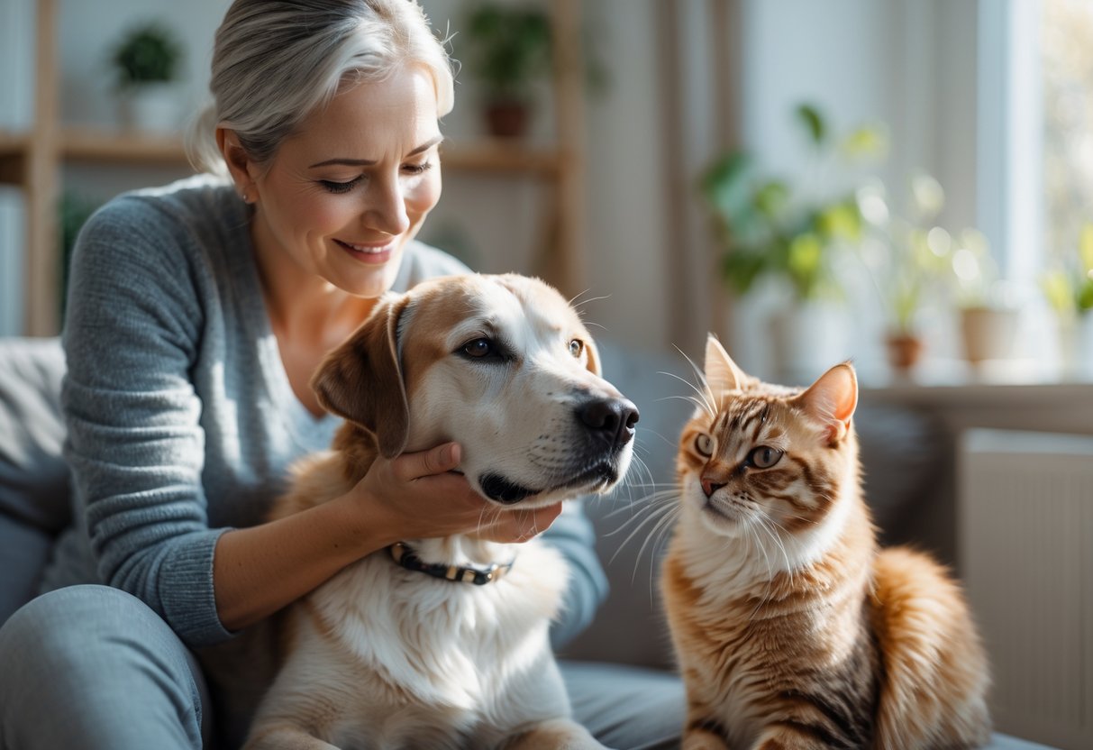 A person gently petting a dog while a cat sits nearby in a cozy living room, showing affectionate interaction between the pets and their owner.