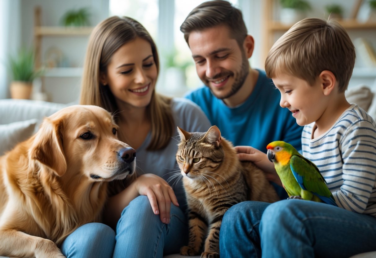 A woman, man, and child showing affection to a golden retriever, a tabby cat, and a parrot in a cozy living room.