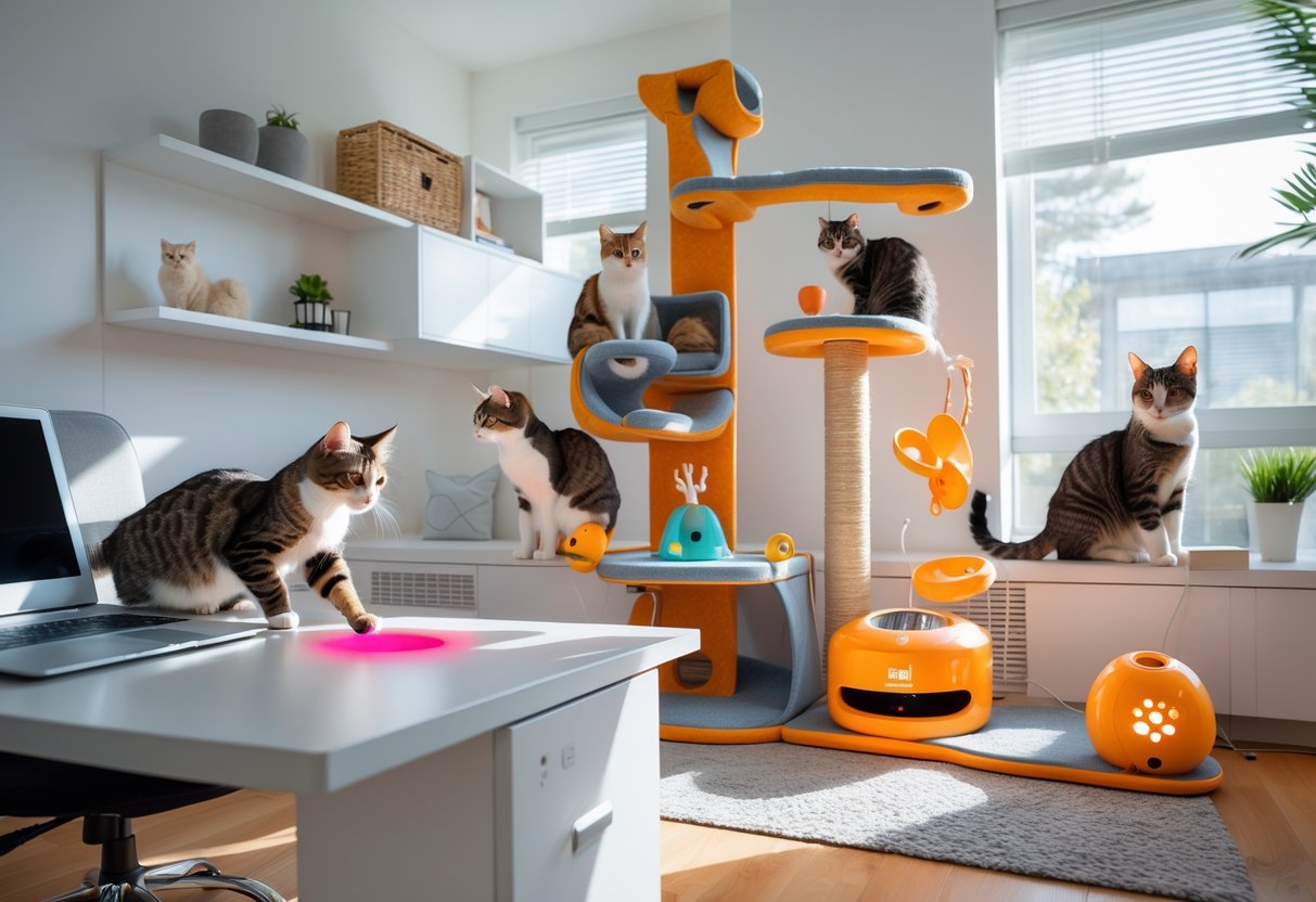 Several cats playing and resting with various interactive toys and gadgets in a bright home office while a person works at a desk.