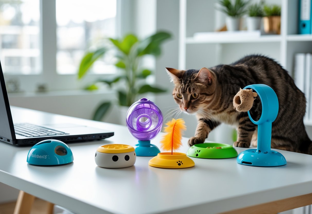 A cat playing with various interactive toys near a home office desk with a laptop and office supplies.