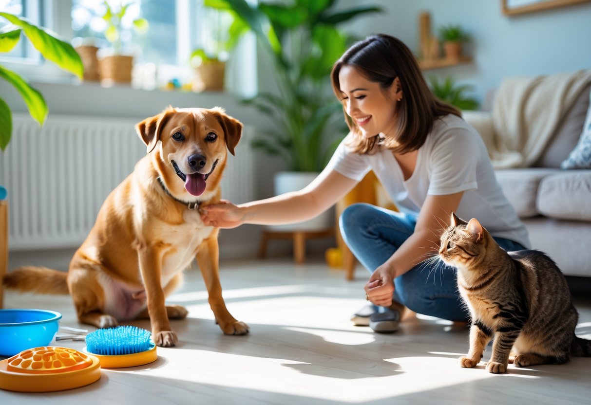 A person petting a happy dog while a cat plays with a toy in a sunny living room with plants and pet care items.