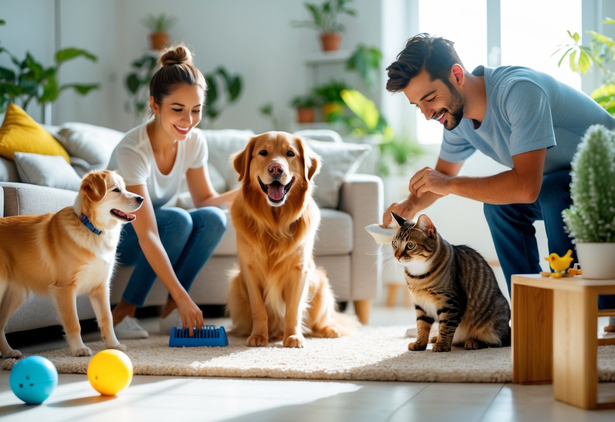 People interacting happily with a dog, a cat, and a bird inside a bright home.