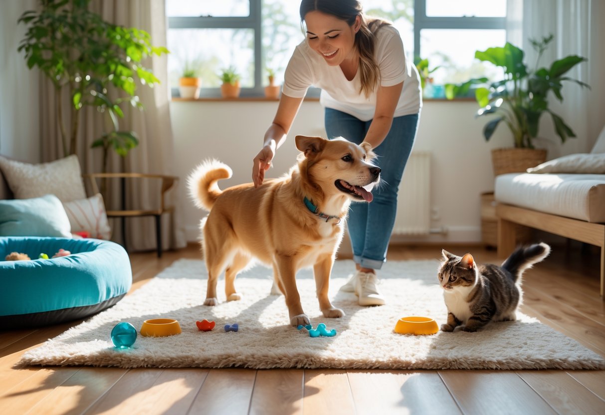 A person gently pets a happy dog while a content cat sits nearby in a bright living room with pet toys and beds.