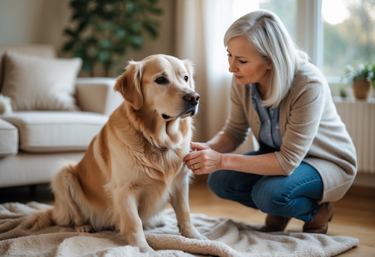 A middle-aged woman gently examining the front leg of an elderly golden retriever sitting on a blanket in a cozy living room.