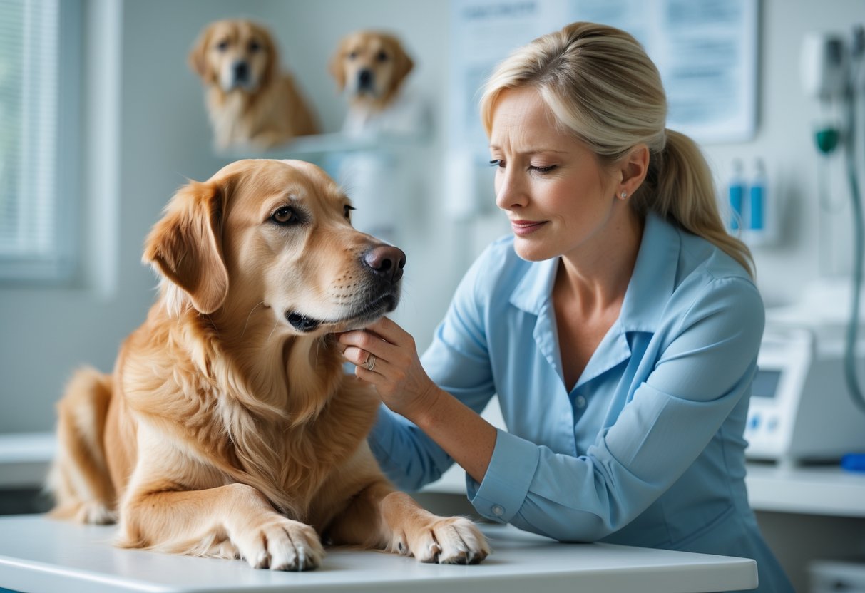 A woman gently examining a golden retriever's front leg in a veterinary clinic.