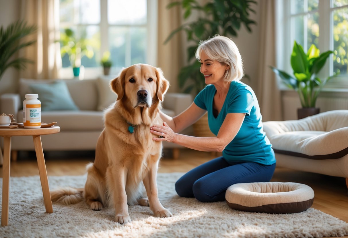 A woman gently massaging a golden retriever's leg in a bright living room with pet care items nearby.