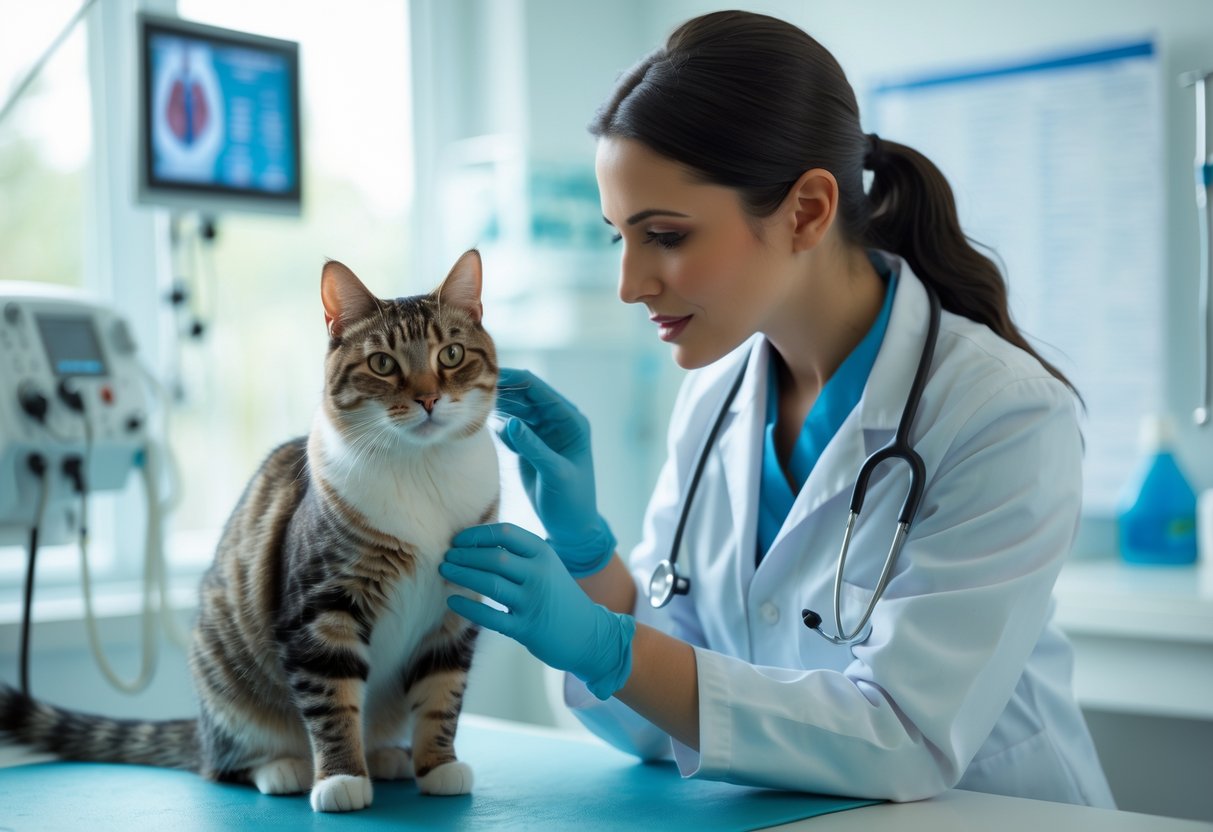 A veterinarian gently examining a domestic cat on an examination table in a veterinary clinic.
