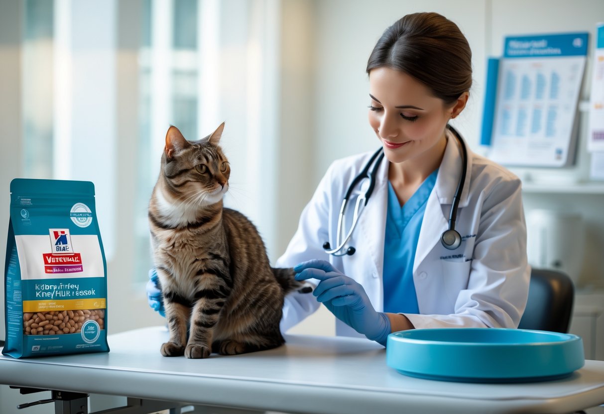 A veterinarian gently examining a calm cat on an examination table in a veterinary clinic, with kidney-friendly cat food and a water bowl nearby.