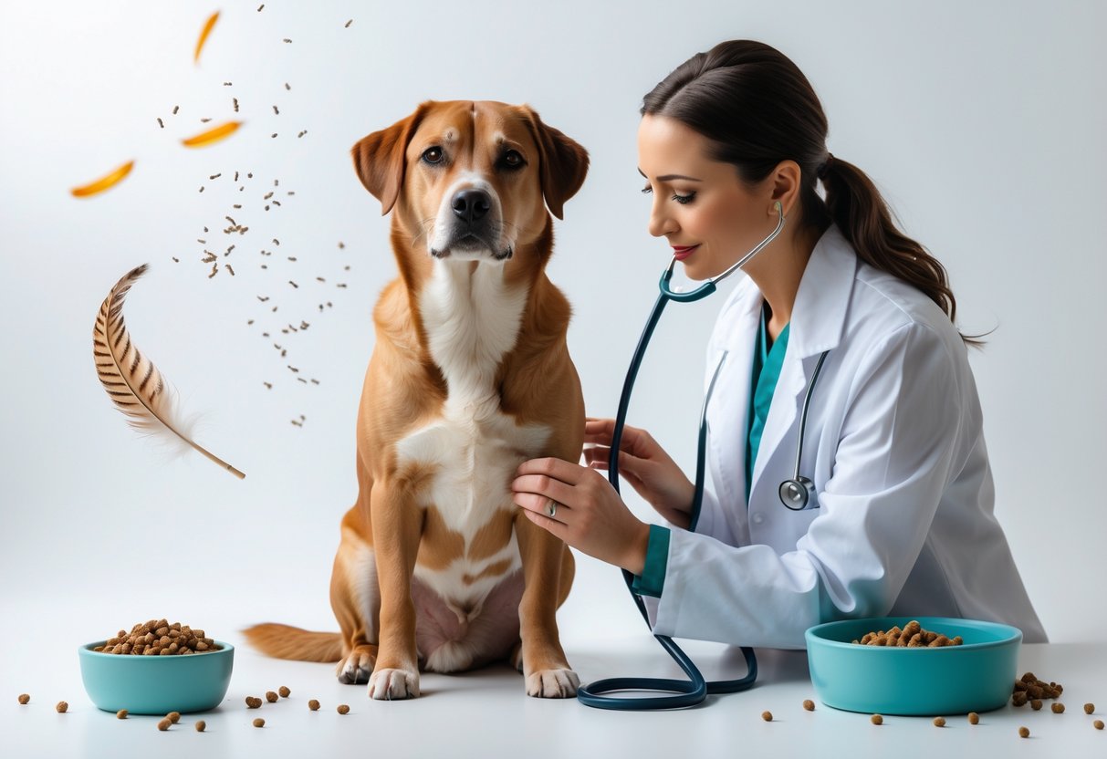 A veterinarian gently examining a calm dog surrounded by subtle allergy triggers like pollen and dust on a white background.
