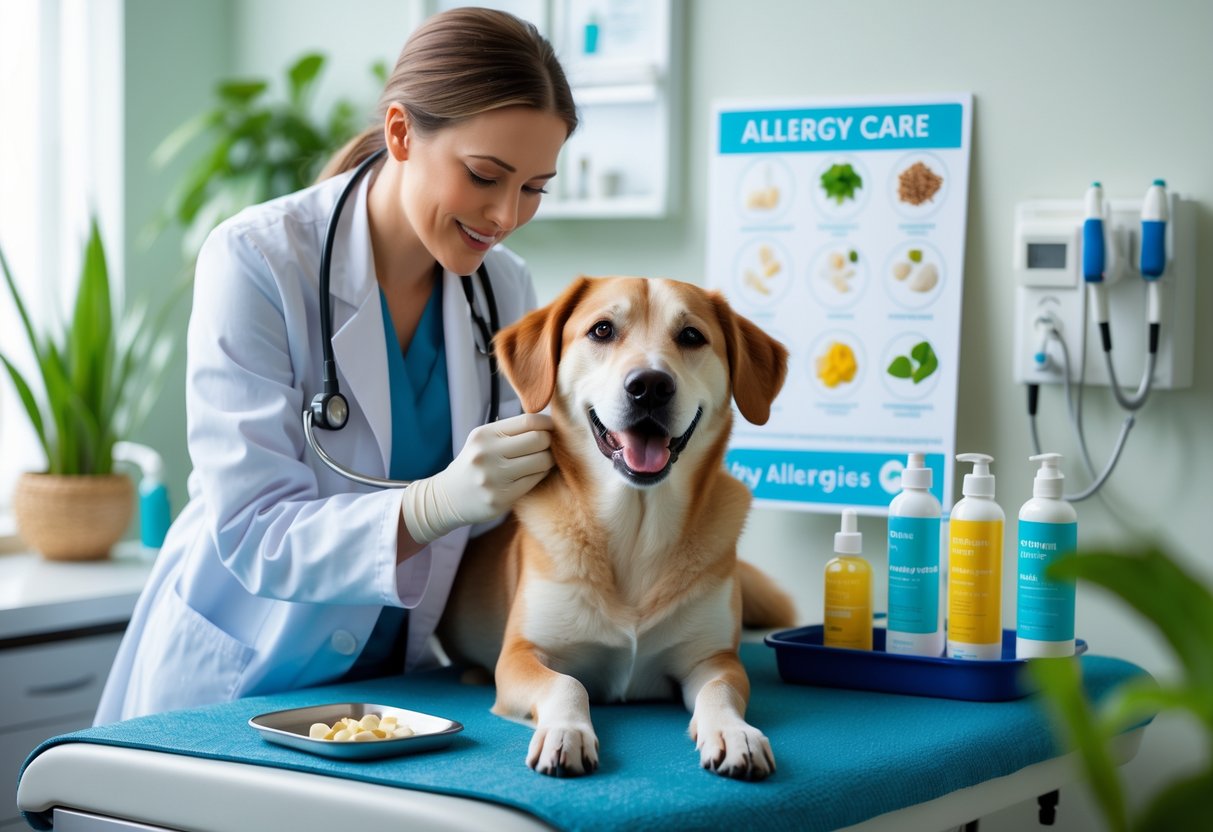 A veterinarian gently examining a calm dog on an exam table in a bright clinic, with allergy care items visible nearby.