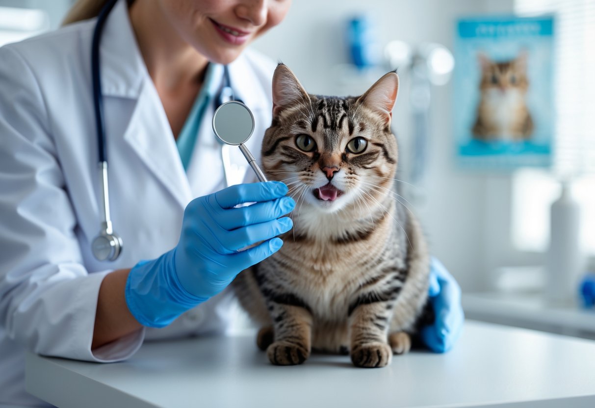 A veterinarian gently examining a cat's teeth in a veterinary clinic.