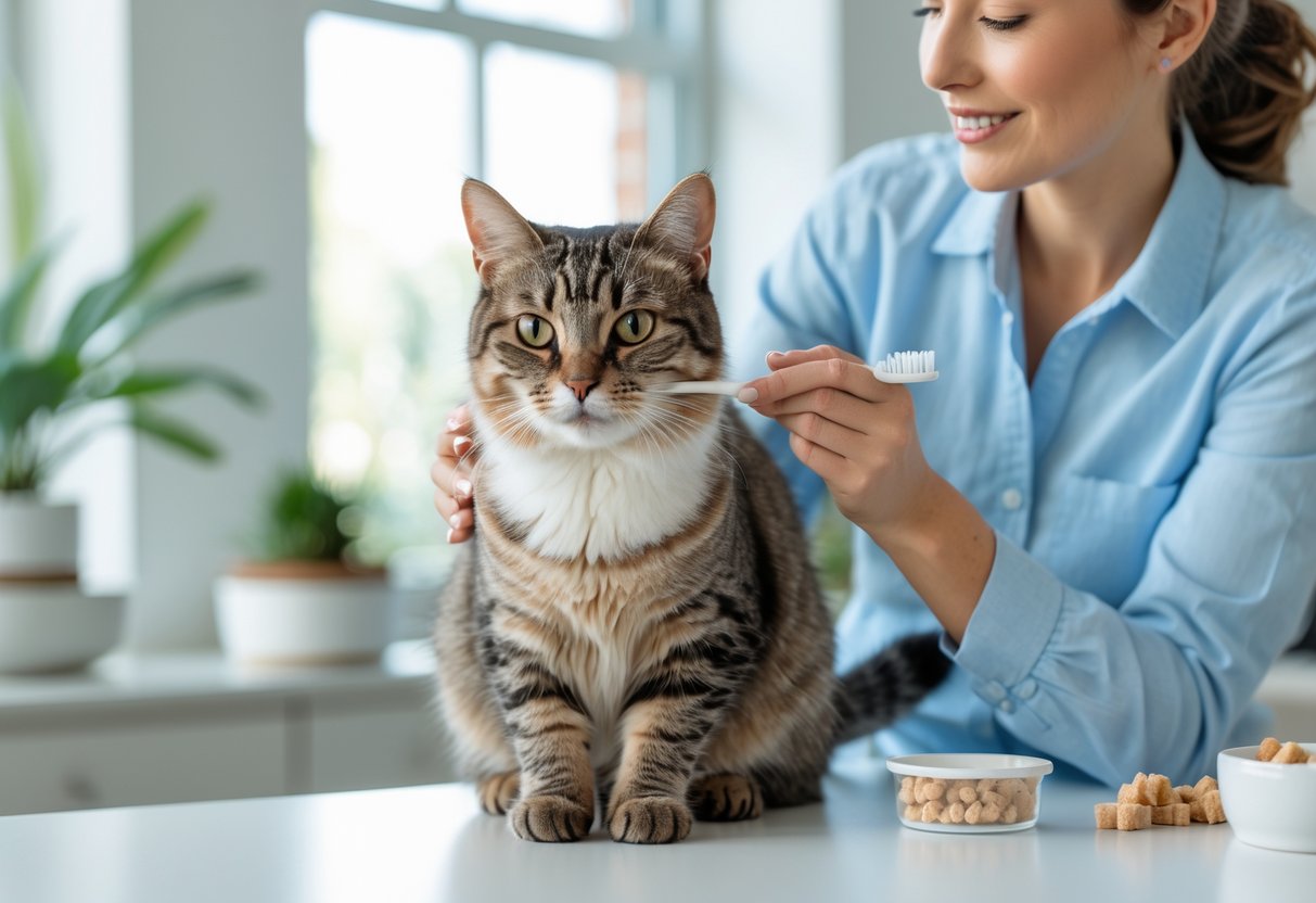 A person gently brushing a calm cat's teeth in a bright home setting with pet care items nearby.