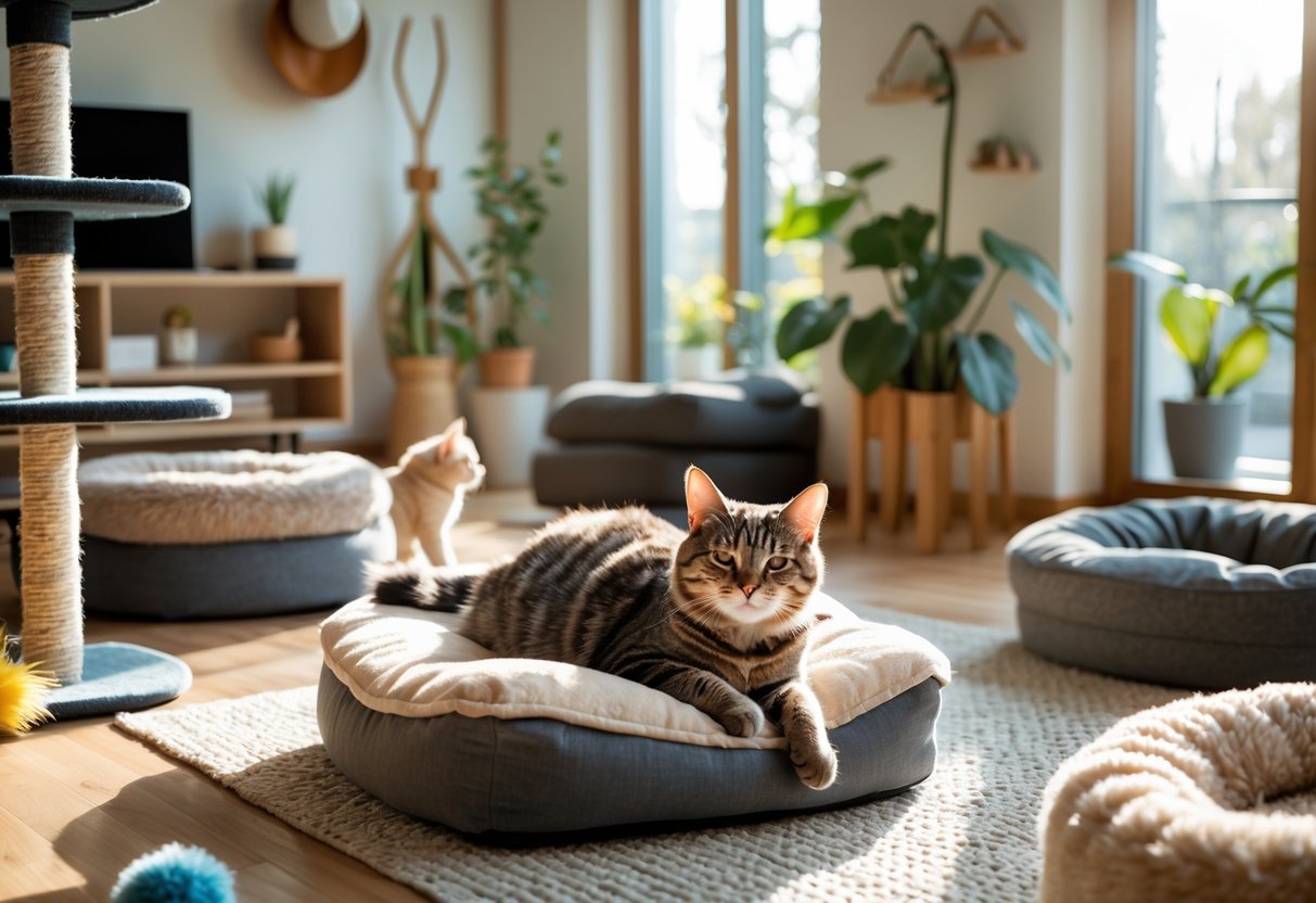 A domestic cat resting comfortably on a cushion in a sunlit living room with cat furniture and toys nearby.