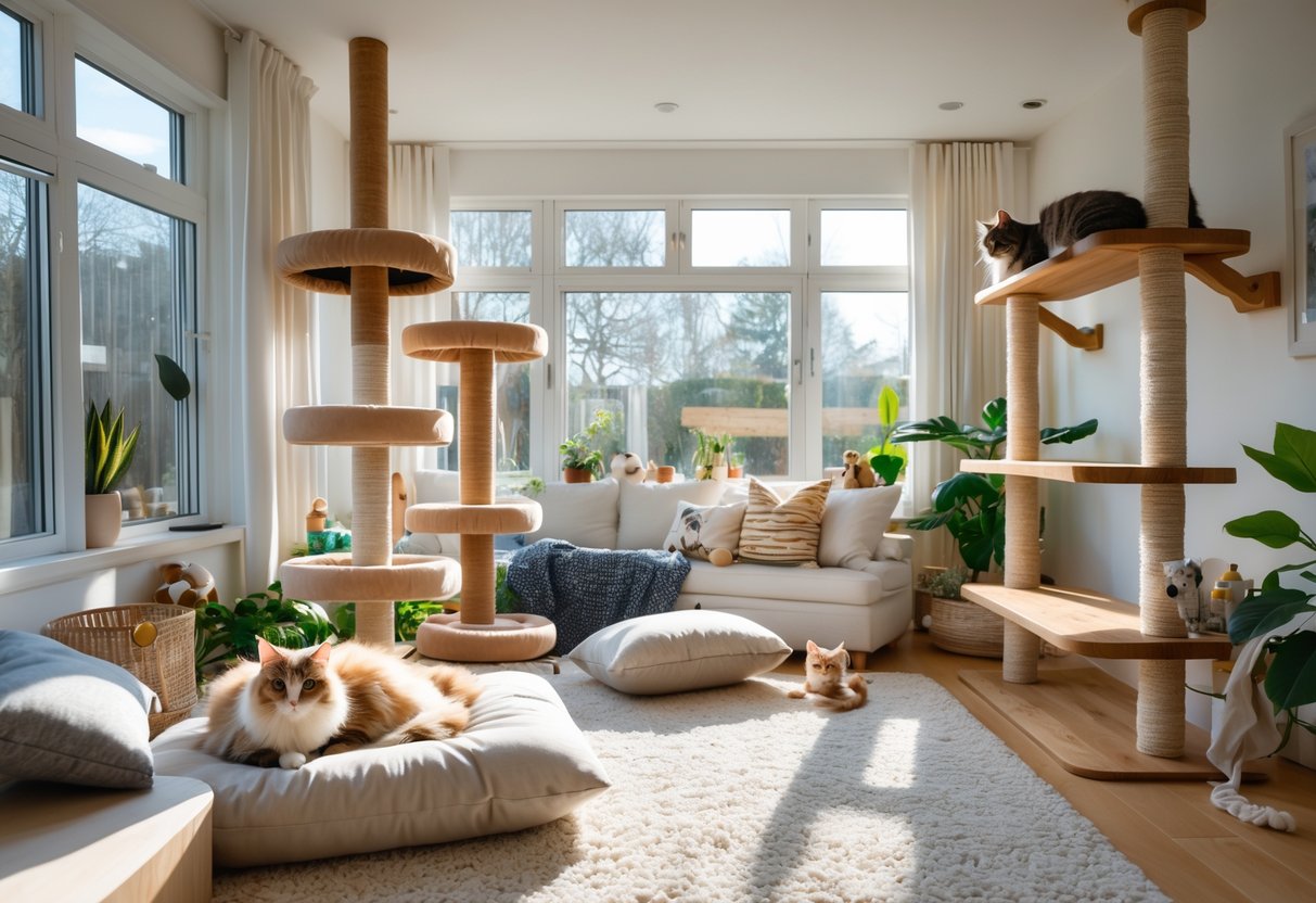A sunlit living room with cat trees, climbing shelves, and a cat resting on a cushion by the window.
