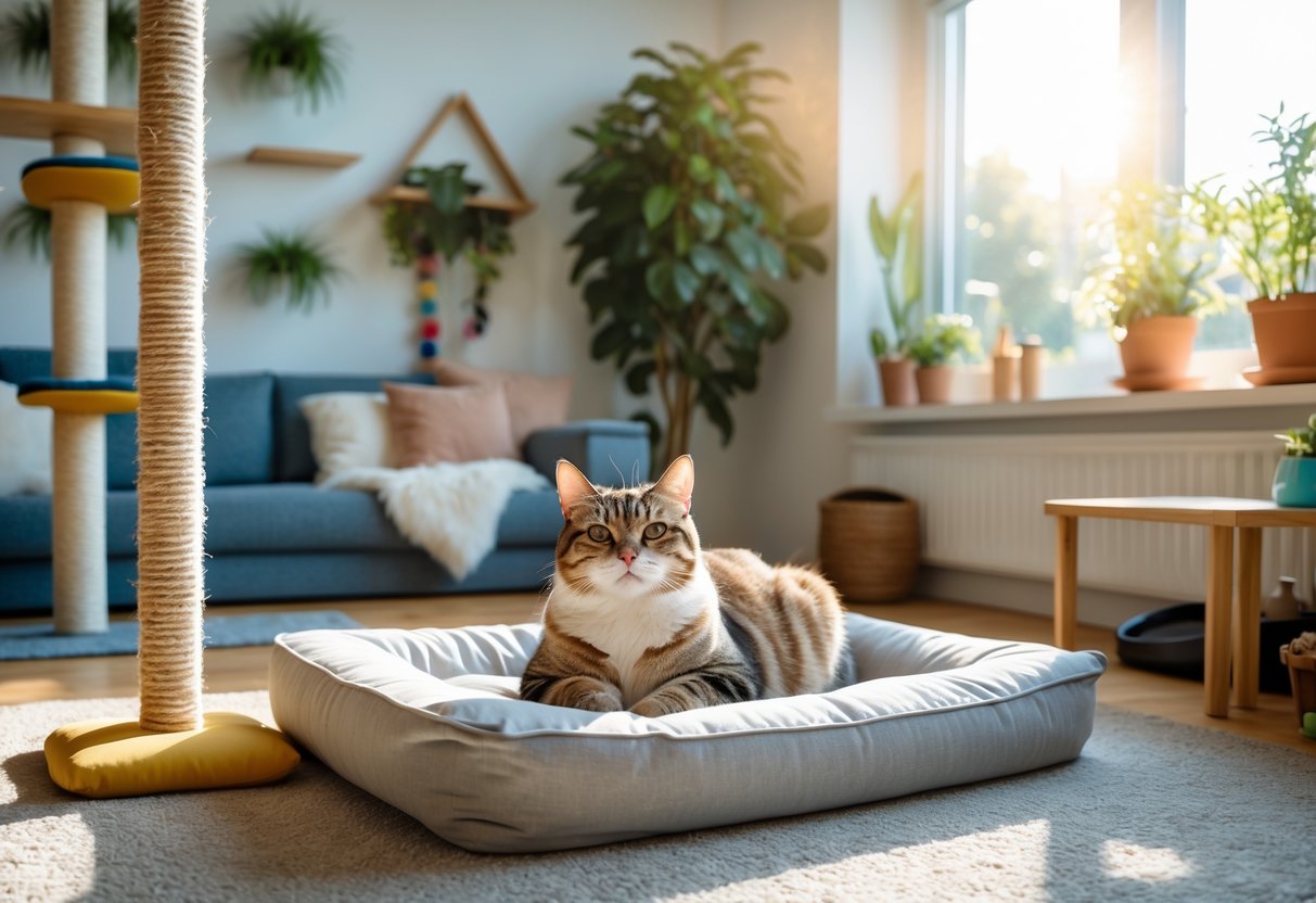 A domestic cat resting comfortably on an elevated bed in a sunlit living room with cat-friendly furniture and toys around.