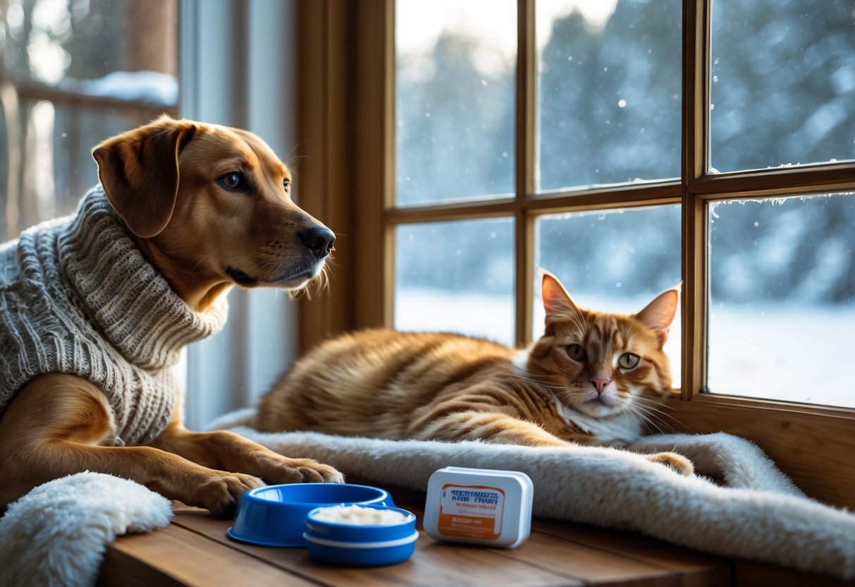 A dog wearing a sweater and a cat resting on a blanket indoors near a snowy window, with pet care items on a table beside them.