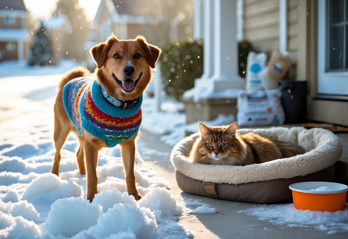 A dog wearing a warm sweater and a cat resting in a cozy bed outside a snow-covered house during winter.