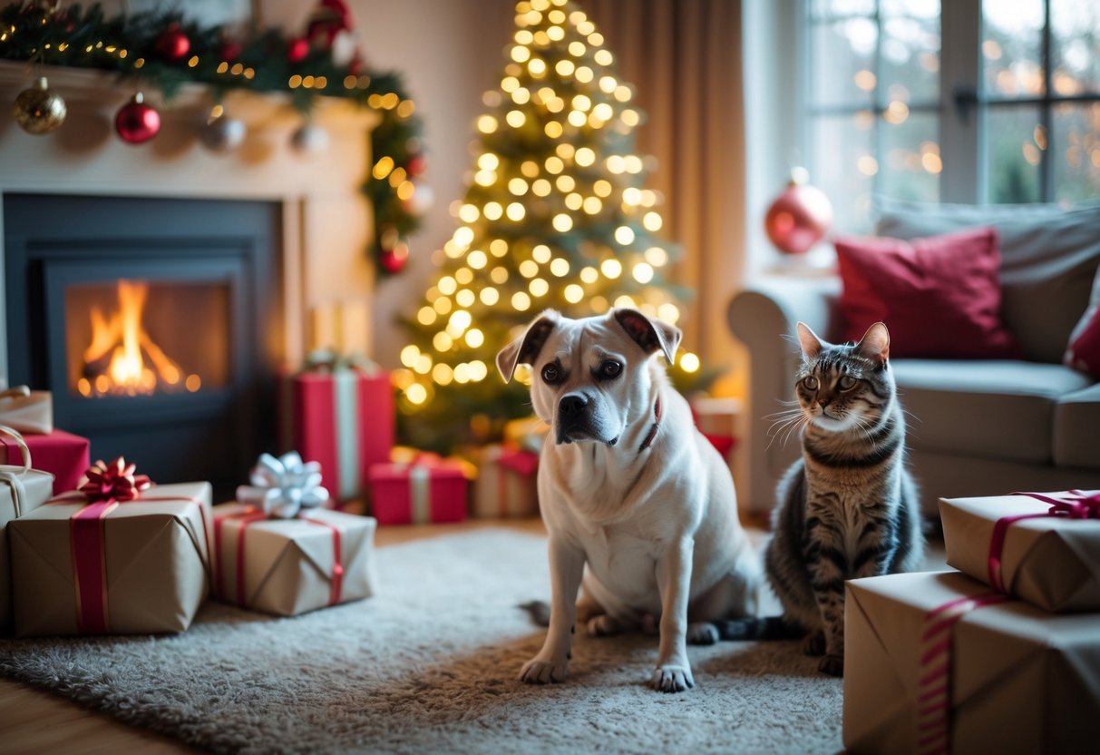 A dog and a cat looking uncomfortable near a decorated Christmas tree in a cozy living room.