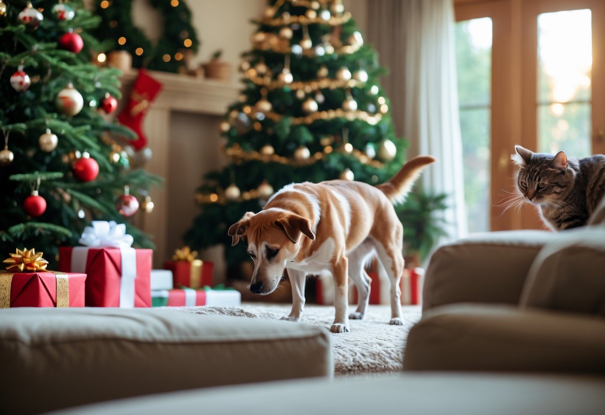 A dog and a cat looking uncomfortable in a living room decorated for Christmas with a tree and presents.