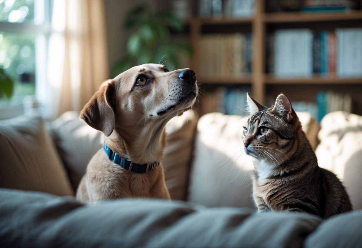 A dog and a cat in a living room looking attentively as if sensing something unseen.