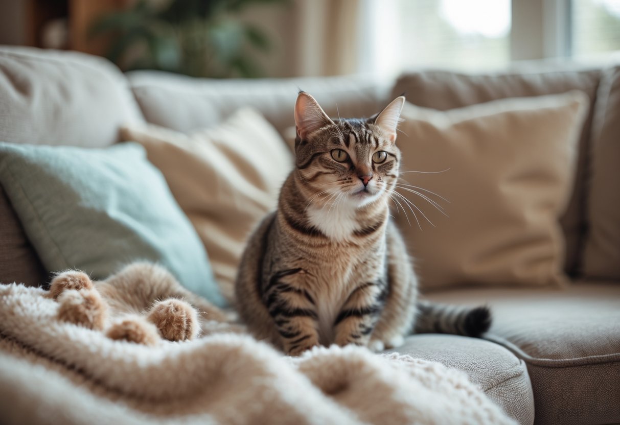 A domestic short-haired cat sitting on a couch, looking slightly uncomfortable with its mouth open as if coughing, next to a small pile of furballs on a blanket.